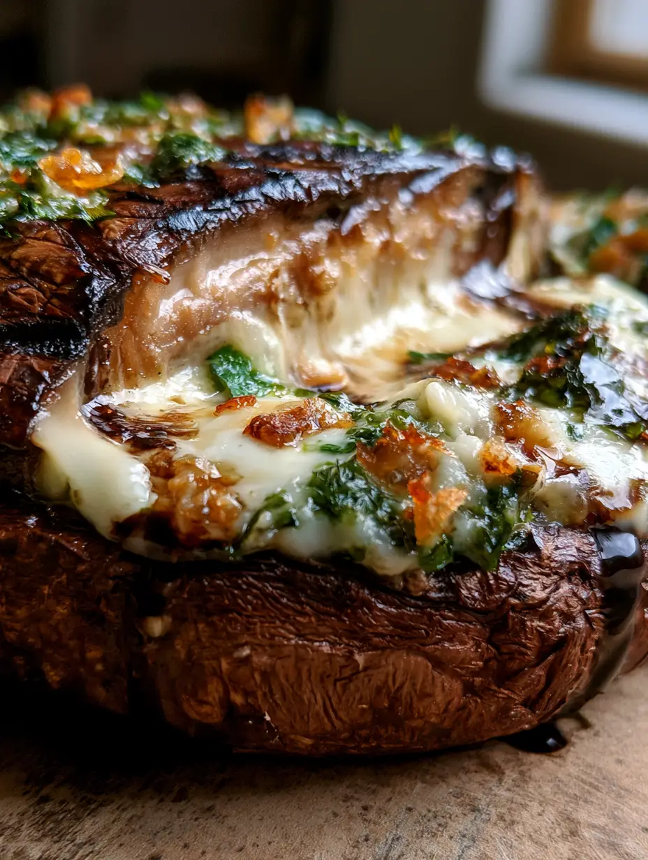 Mushroom Dinner Recipes: The Ultimate Stuffed Roasted Portobello 4 Macro shot of a sliced roasted portobello showing a meaty interior and gooey cheese center. (mushroom dinner recipes)