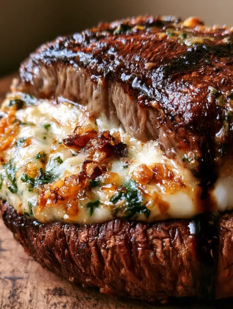 Mushroom Dinner Recipes: The Ultimate Stuffed Roasted Portobello 1 Close-up of golden toasted garlic bits and fresh parsley on a cheese-stuffed mushroom.