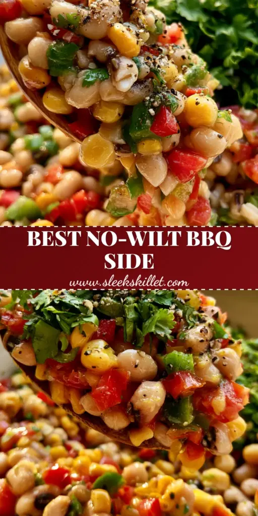 Southern Pea Salad with Zesty Lime Vinaigrette 4 A tall Pinterest graphic showing a macro close-up of Southern Pea Salad with plump black-eyed peas, golden corn, and red peppers in a white bowl with a wooden spoon.
