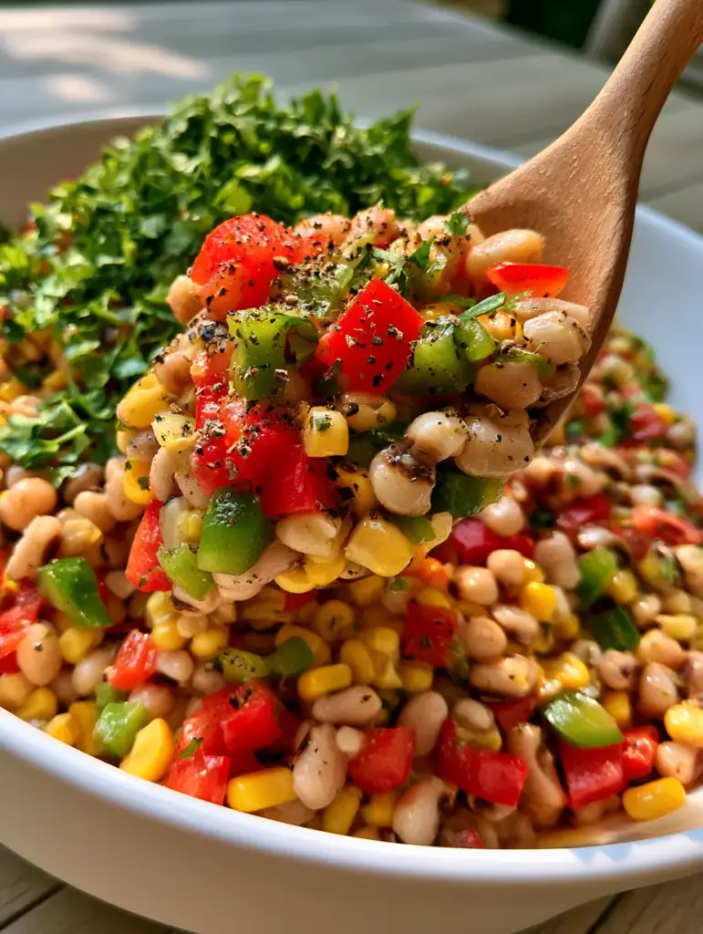 Macro shot of Southern Pea Salad with shimmering lime vinaigrette catching natural morning sunlight glints on black-eyed peas and corn.