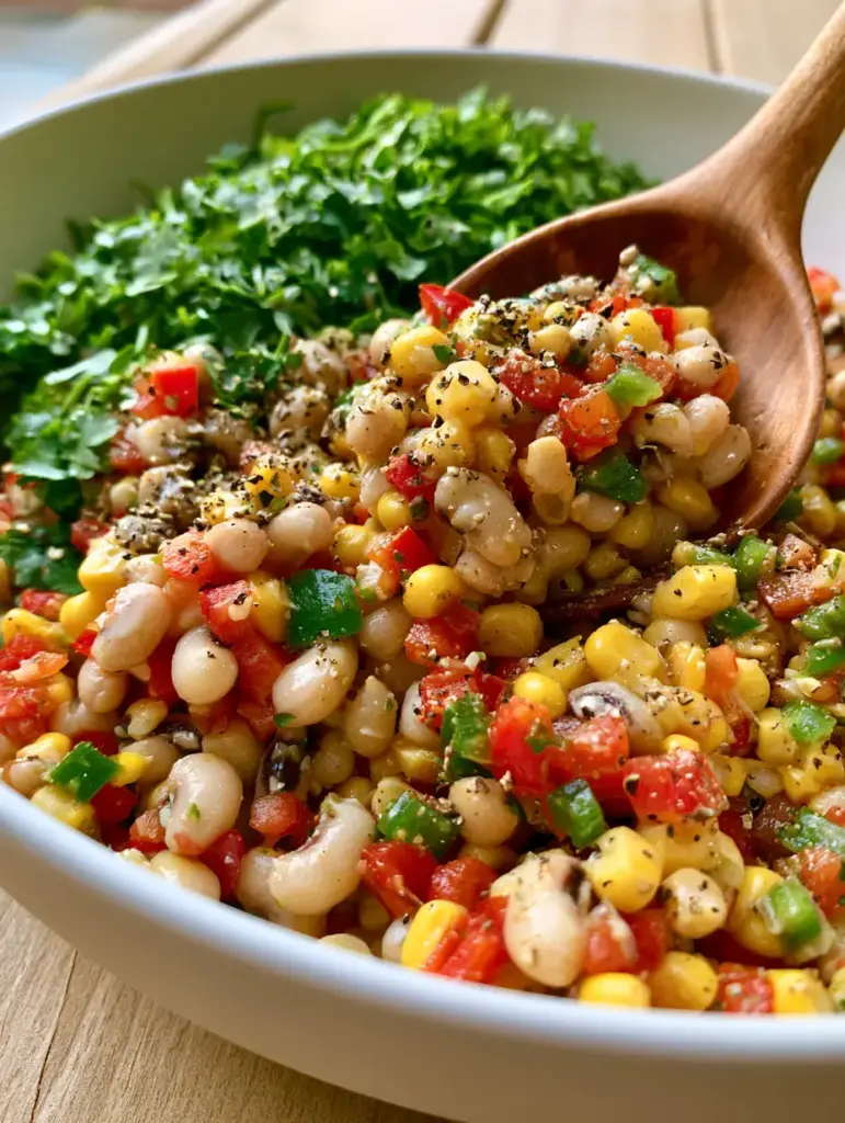 Southern Pea Salad with Zesty Lime Vinaigrette 1 A wooden spoon lifting a generous scoop of Southern Pea Salad, showing the varied textures of peppers, cilantro, and peas.