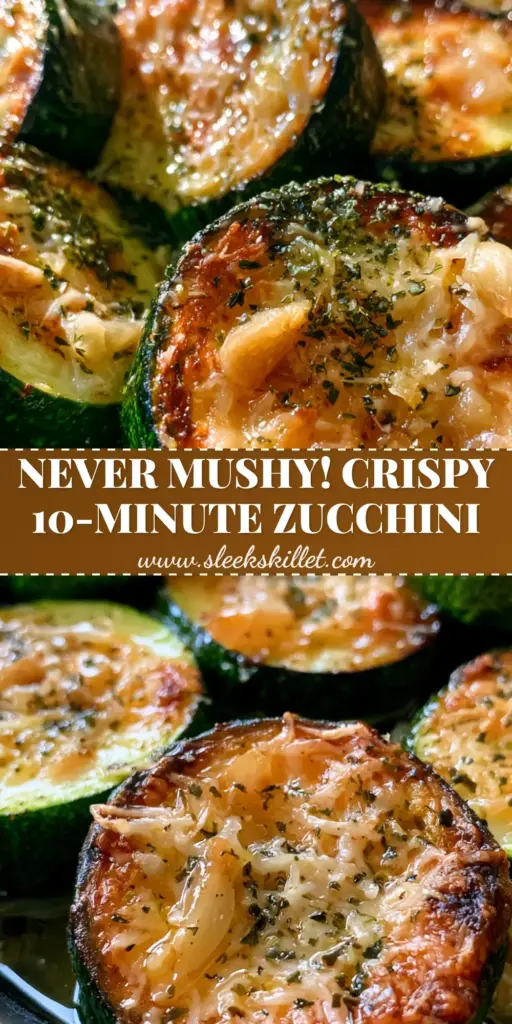 A close-up shot of crispy sauteed zucchini rounds topped with melted lacy parmesan cheese in a cast iron pan.