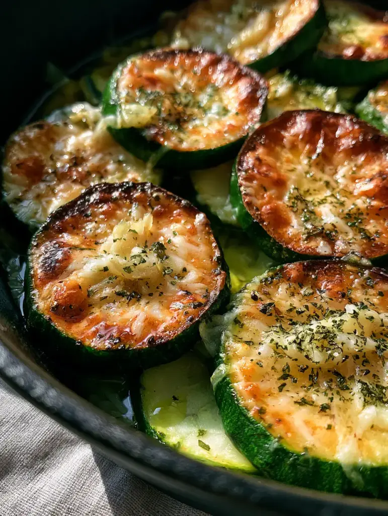Macro handheld photo of thick-cut sauteed zucchini rounds with a caramelized golden-brown crust and translucent garlic bits.