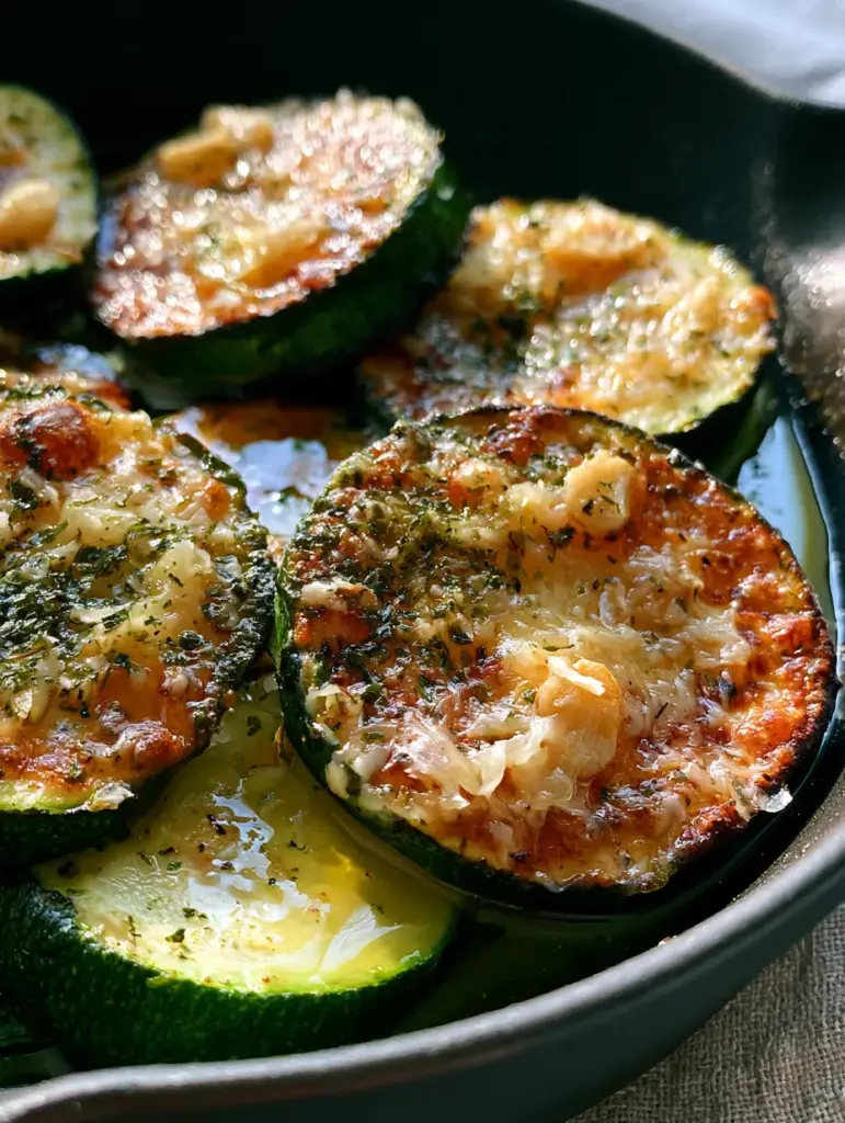 Close up of sauteed zucchini rounds featuring melted parmesan cheese and dark green herb flakes in a matte black skillet.