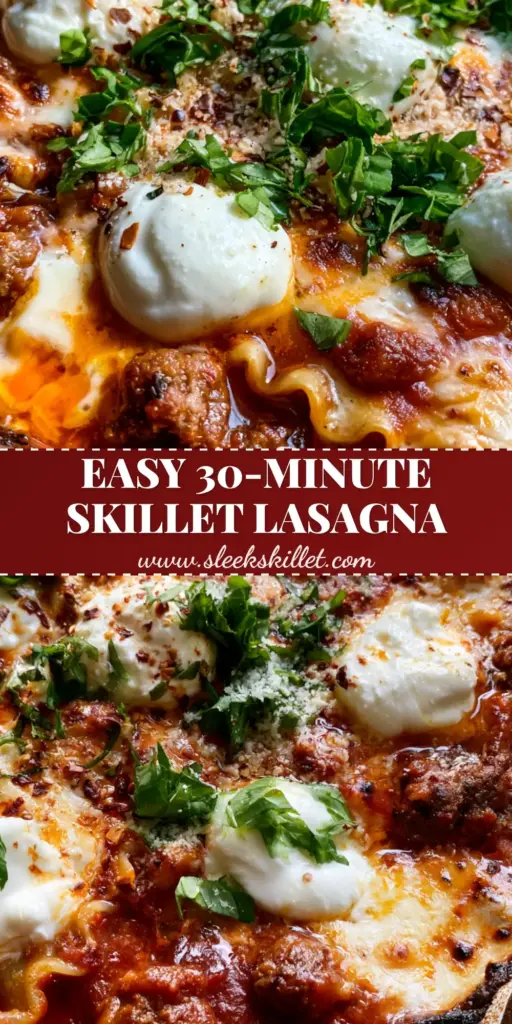 A bubbling skillet lasagna in a cast iron pan with gooey mozzarella, ricotta dollops, and fresh basil chiffonade.