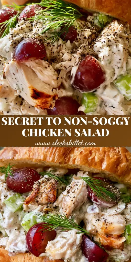 Chicken Salad Recipe With Grapes: The Ultimate Creamy Deli-Style Croissant Sandwich 4 A close-up handheld shot of a flaky croissant sandwich filled with a creamy chicken salad recipe with grapes and fresh dill.