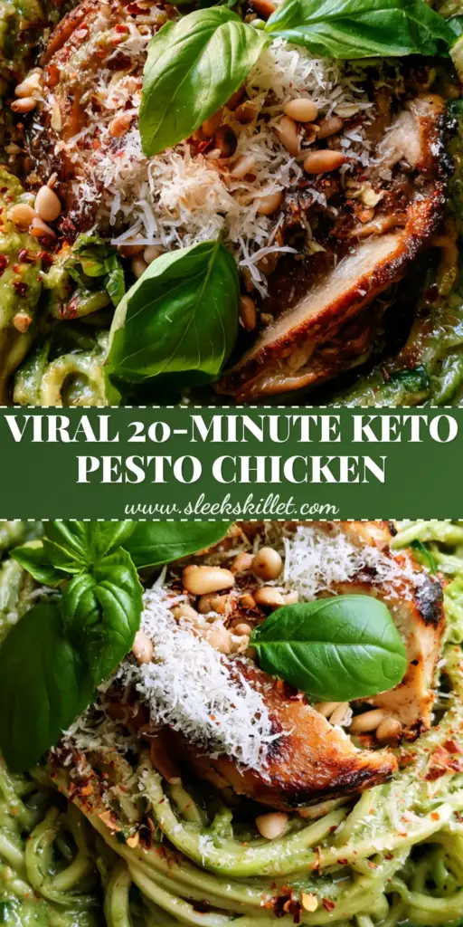 Creamy Pesto Chicken Zucchini Skillet: A 30-Minute Low-Carb Dinner 3 Top-down view of a creamy pesto chicken zucchini skillet with golden chicken strips, emerald sauce, and toasted pine nuts in a cast iron pan. (creamy pesto chicken zucchini skillet)