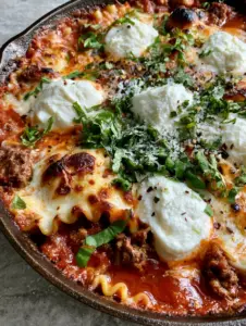 Close up of skillet lasagna showing wavy noodles and thick marinara meat sauce with melted cheese.