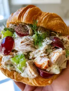 A handheld smartphone photo of a deli-style chicken salad sandwich on a large toasted croissant showing chunky chicken and red grapes. (chicken salad recipe with grapes)