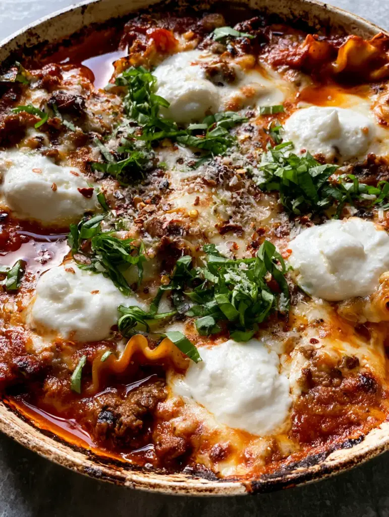 High-angle shot of skillet lasagna with toasted golden cheese spots and five white ricotta dollops.