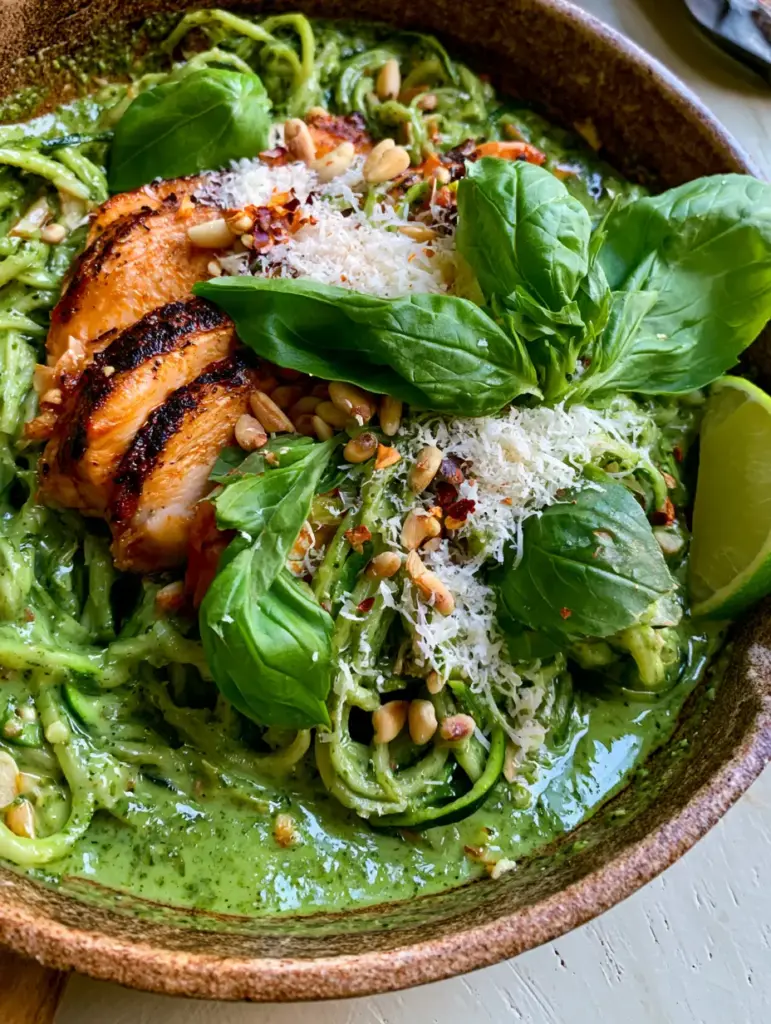 A close-up photo of juicy golden-brown seared chicken breast slices over a thick emerald pesto cream sauce. (creamy pesto chicken zucchini skillet)
