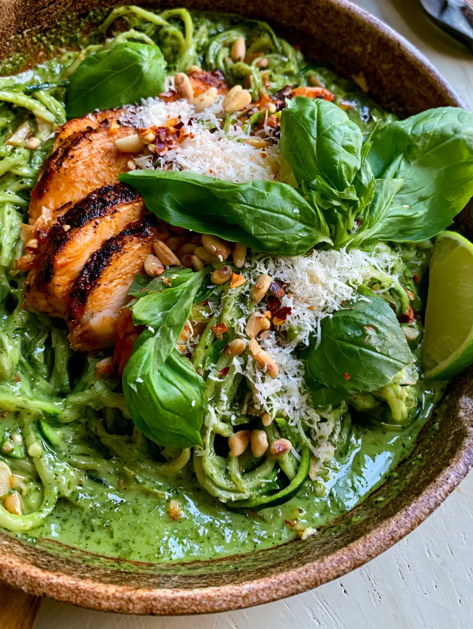 Creamy Pesto Chicken Zucchini Skillet: A 30-Minute Low-Carb Dinner 4 A close-up photo of juicy golden-brown seared chicken breast slices over a thick emerald pesto cream sauce. (creamy pesto chicken zucchini skillet)