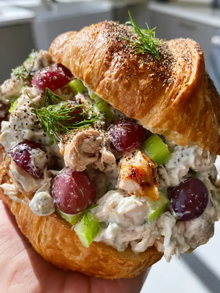Chicken Salad Recipe With Grapes: The Ultimate Creamy Deli-Style Croissant Sandwich 1 Close up view of the hand-shredded chicken salad filling with visible dill and black pepper seasoning.