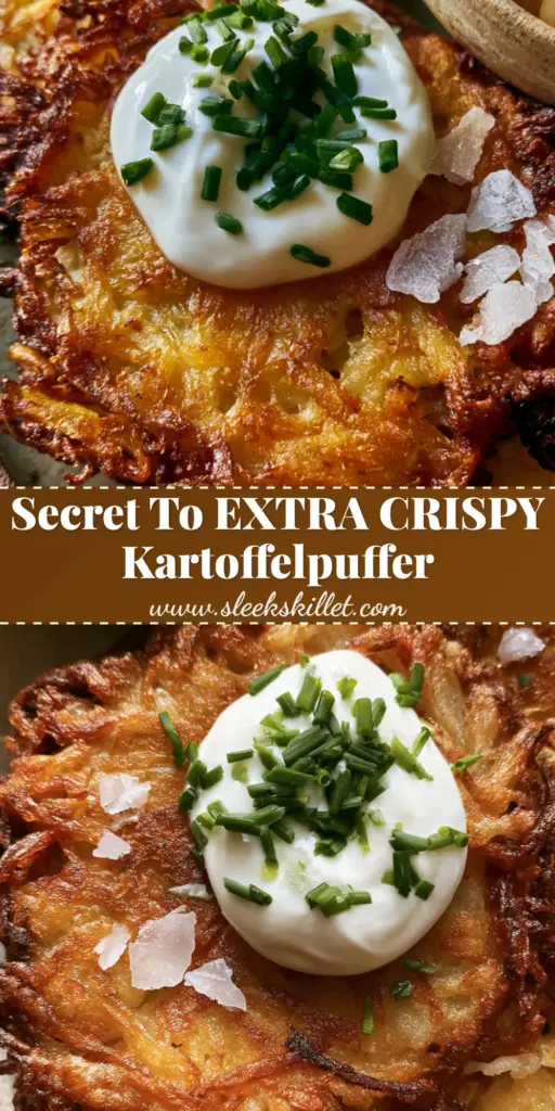 German Potato Pancakes: The Ultimate Shatter-Crisp Kartoffelpuffer Recipe 3 A stack of crispy German potato pancakes with lacy edges, topped with sour cream, chives, and flaky salt, served with applesauce.