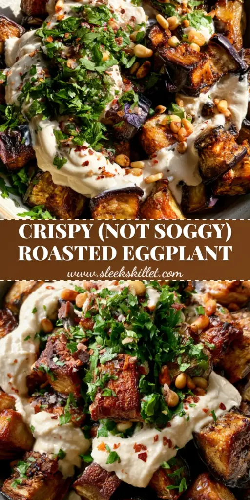 A rustic stoneware bowl filled with charred roasted eggplant cubes drizzled with tahini and red sea salt flakes. (roasted eggplant recipe)
