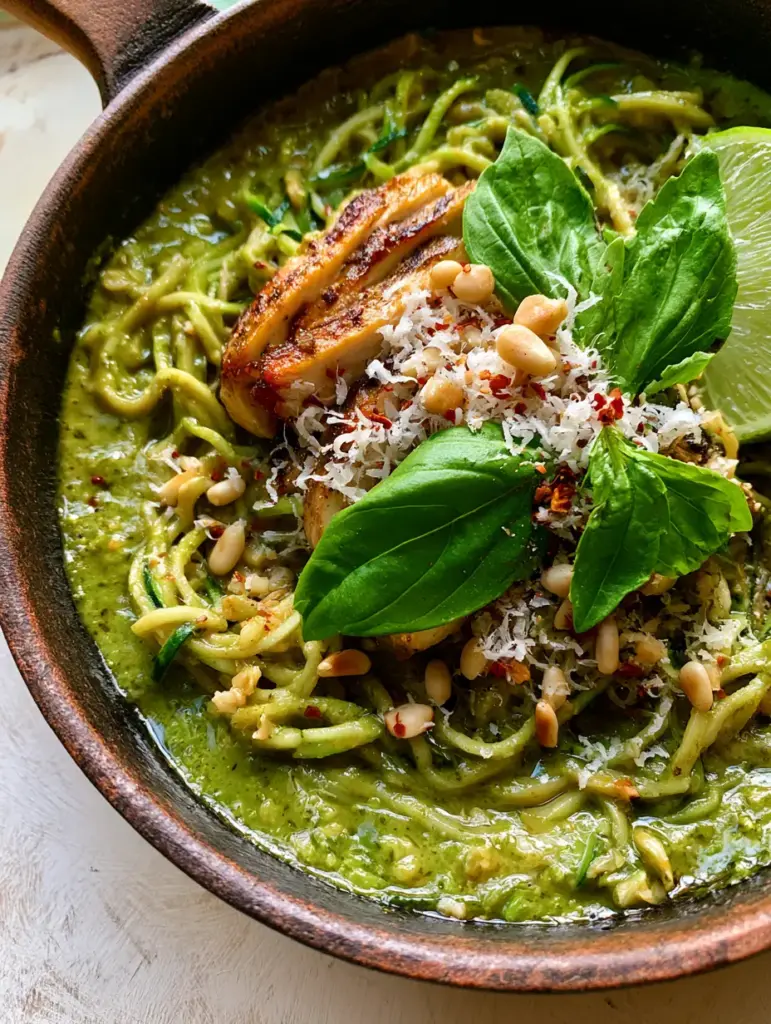 Creamy Pesto Chicken Zucchini Skillet: A 30-Minute Low-Carb Dinner 1 Spiralized zucchini noodles being tossed in a vibrant green pesto sauce in a rustic skillet.