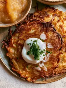 Macro shot of golden-brown German potato pancakes showing hyper-detailed lacy fried edges and a sour cream dollop.