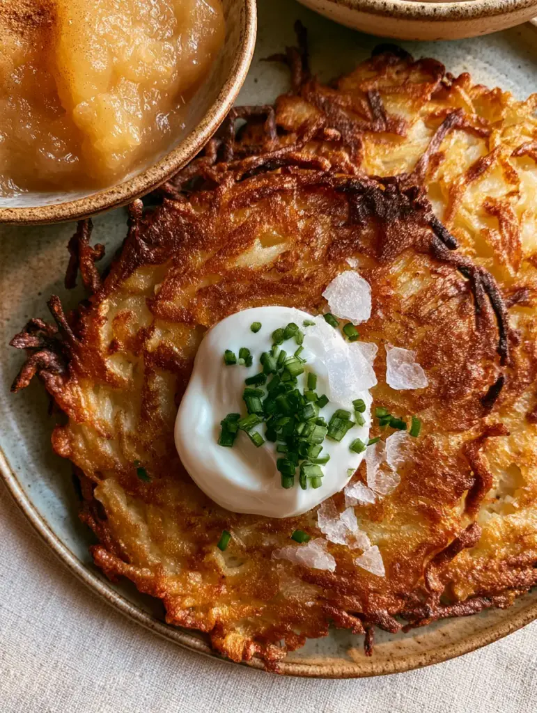 Macro shot of golden-brown German potato pancakes showing hyper-detailed lacy fried edges and a sour cream dollop.
