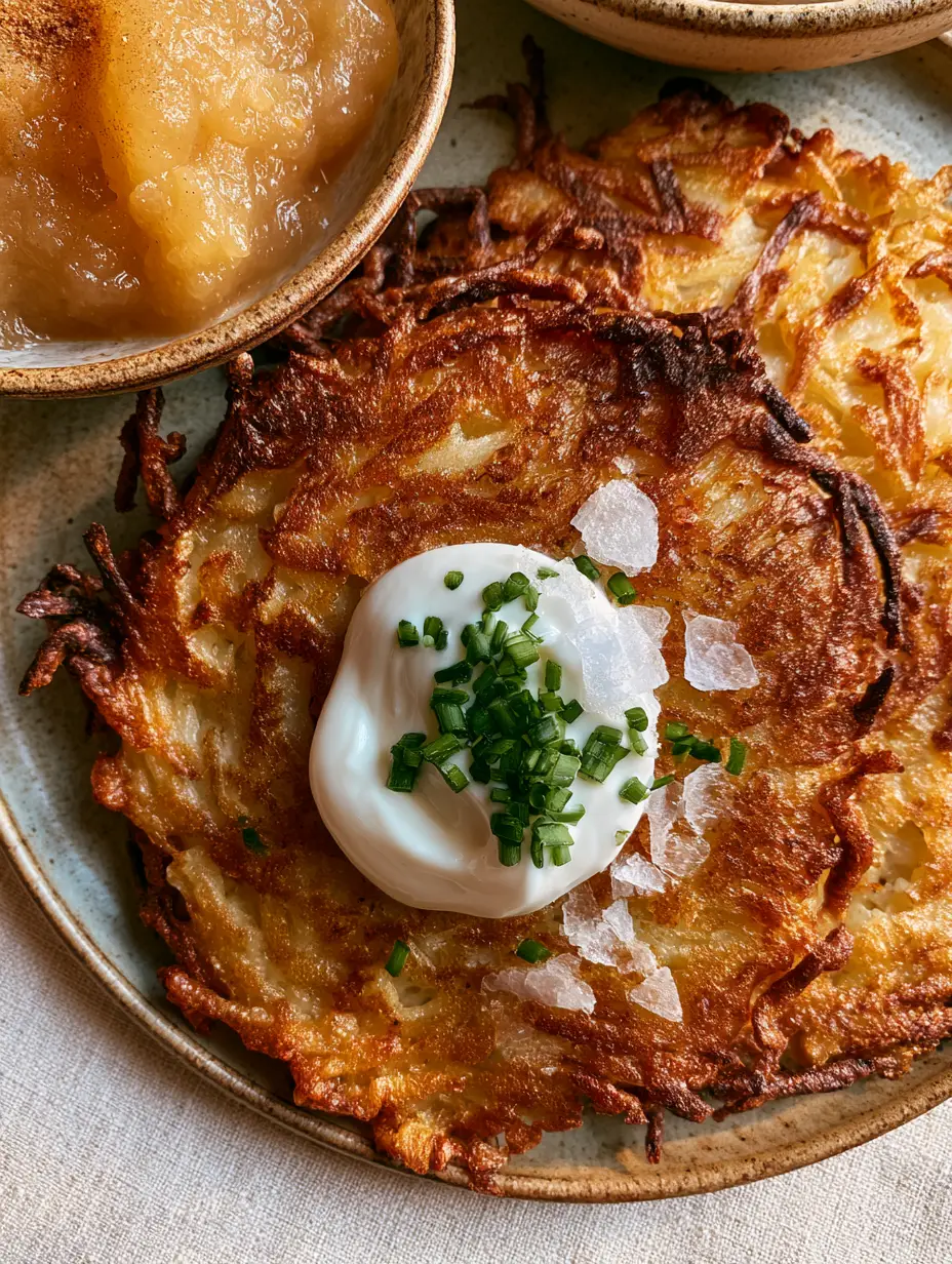 German Potato Pancakes: The Ultimate Shatter-Crisp Kartoffelpuffer Recipe 4 Macro shot of golden-brown German potato pancakes showing hyper-detailed lacy fried edges and a sour cream dollop.