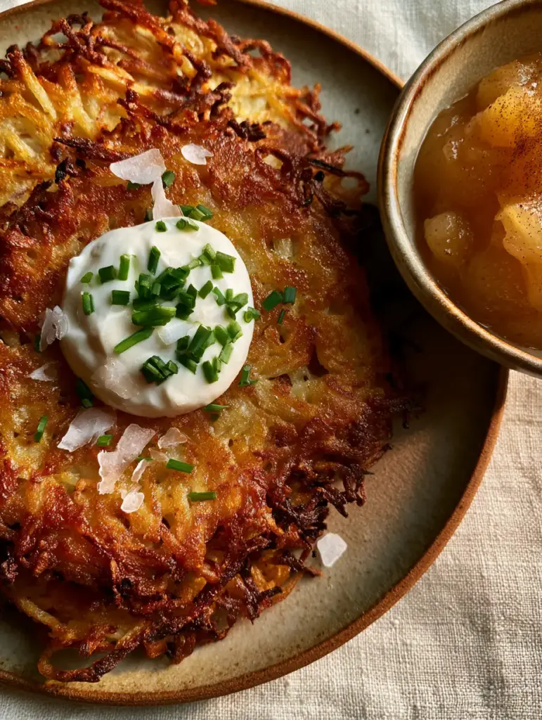 German Potato Pancakes: The Ultimate Shatter-Crisp Kartoffelpuffer Recipe 1 Top-down view of Kartoffelpuffer on a matte stone plate with chunky applesauce and fresh chives.