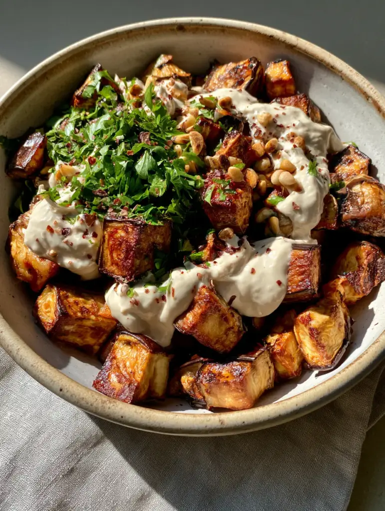 Angled handheld shot of creamy white tahini drizzled over crispy charred eggplant skin.