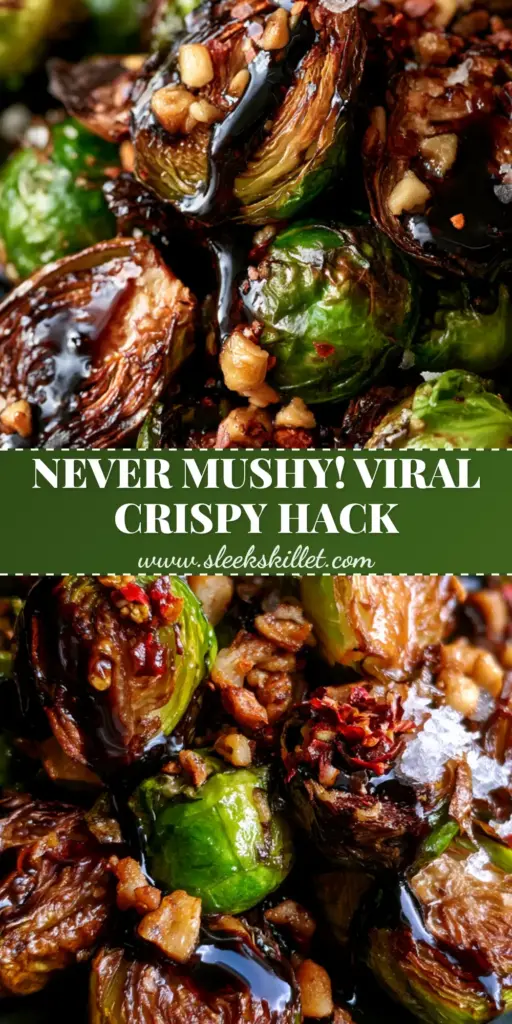 A close-up vertical shot of Roasted Brussels Sprouts featuring a deep-brown char, glossy balsamic drizzle, and toasted garlic on a dark tray.