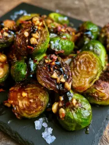 Top-down macro photo of halved Roasted Brussels Sprouts with caramelized leaves, emerald green centers, and sparkling sea salt.