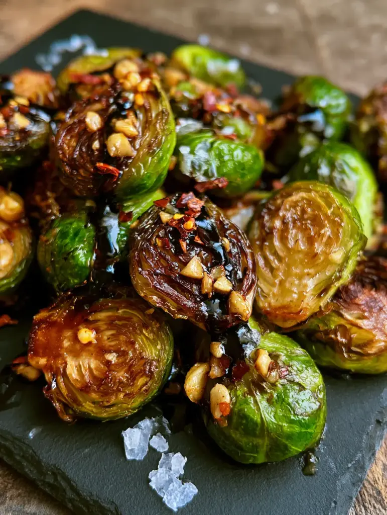 Top-down macro photo of halved Roasted Brussels Sprouts with caramelized leaves, emerald green centers, and sparkling sea salt.