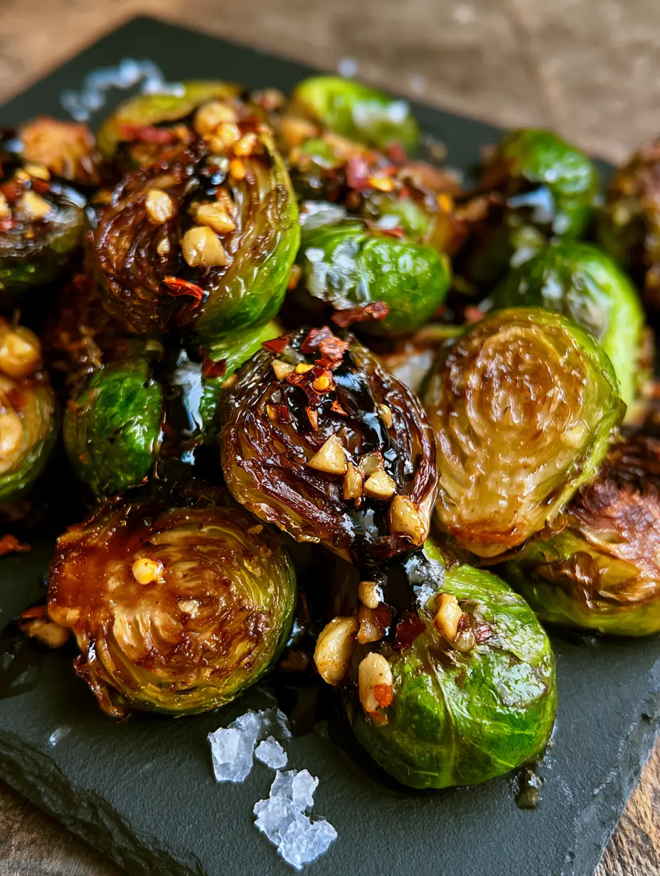 Top-down macro photo of halved Roasted Brussels Sprouts with caramelized leaves, emerald green centers, and sparkling sea salt.