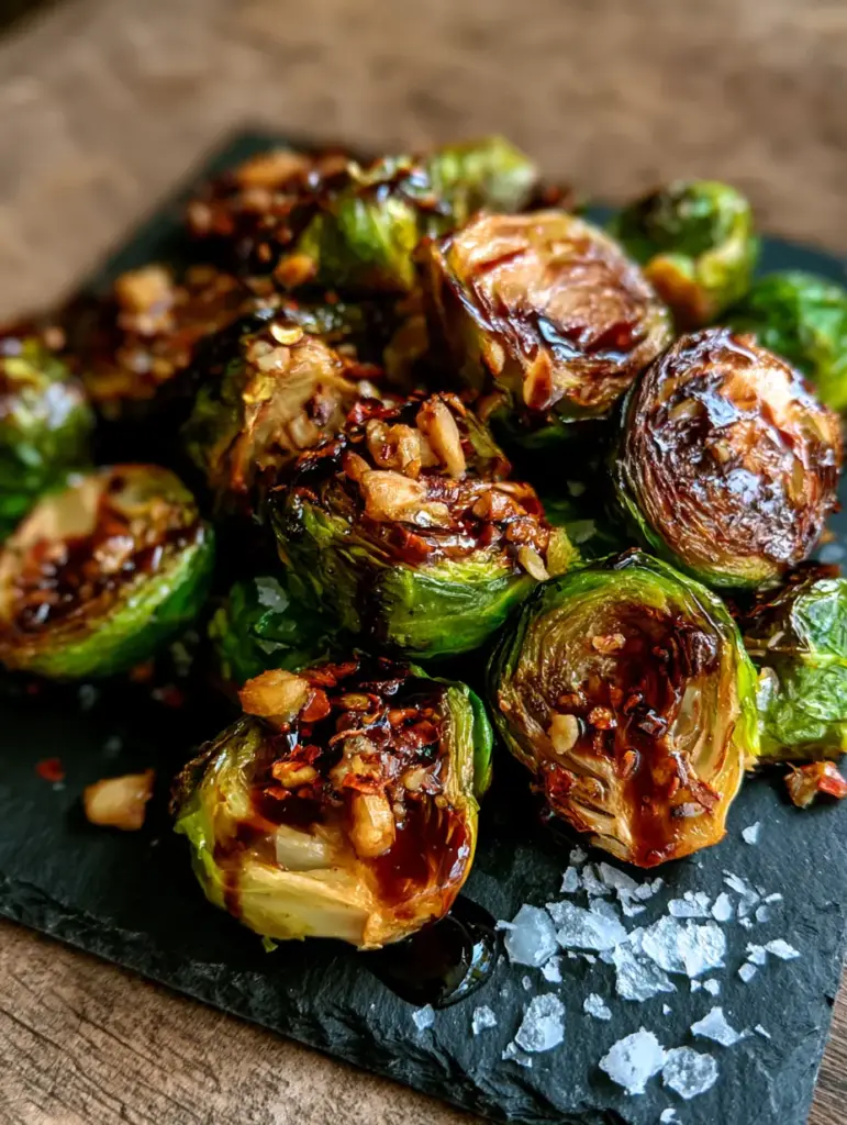 Detailed shot of thick glossy balsamic glaze drizzled over charred roasted Brussels sprouts on a rustic background.