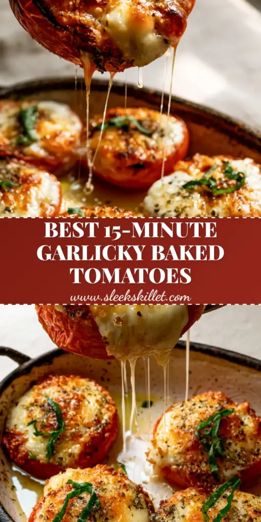 A vertical collage showing a cheesy fork pull from a roasted tomato and a dish of six baked tomatoes with cheese and basil.