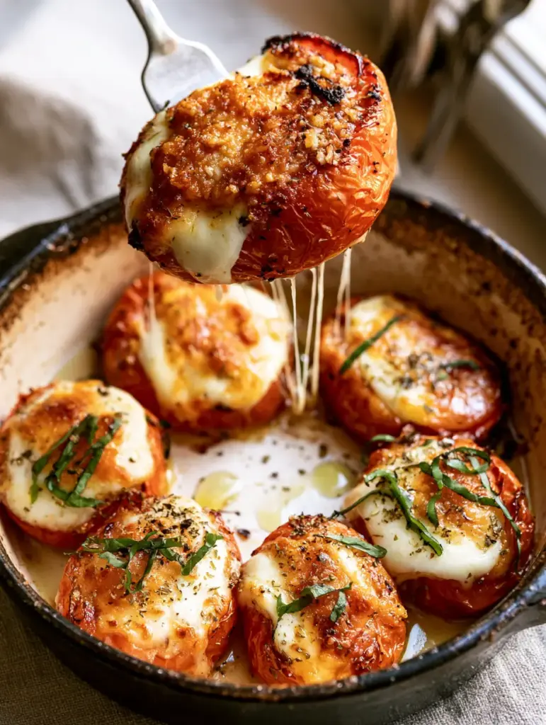 Extreme close-up of a fork lifting a roasted tomato half with long strings of melted mozzarella. (baked tomatoes with cheese)