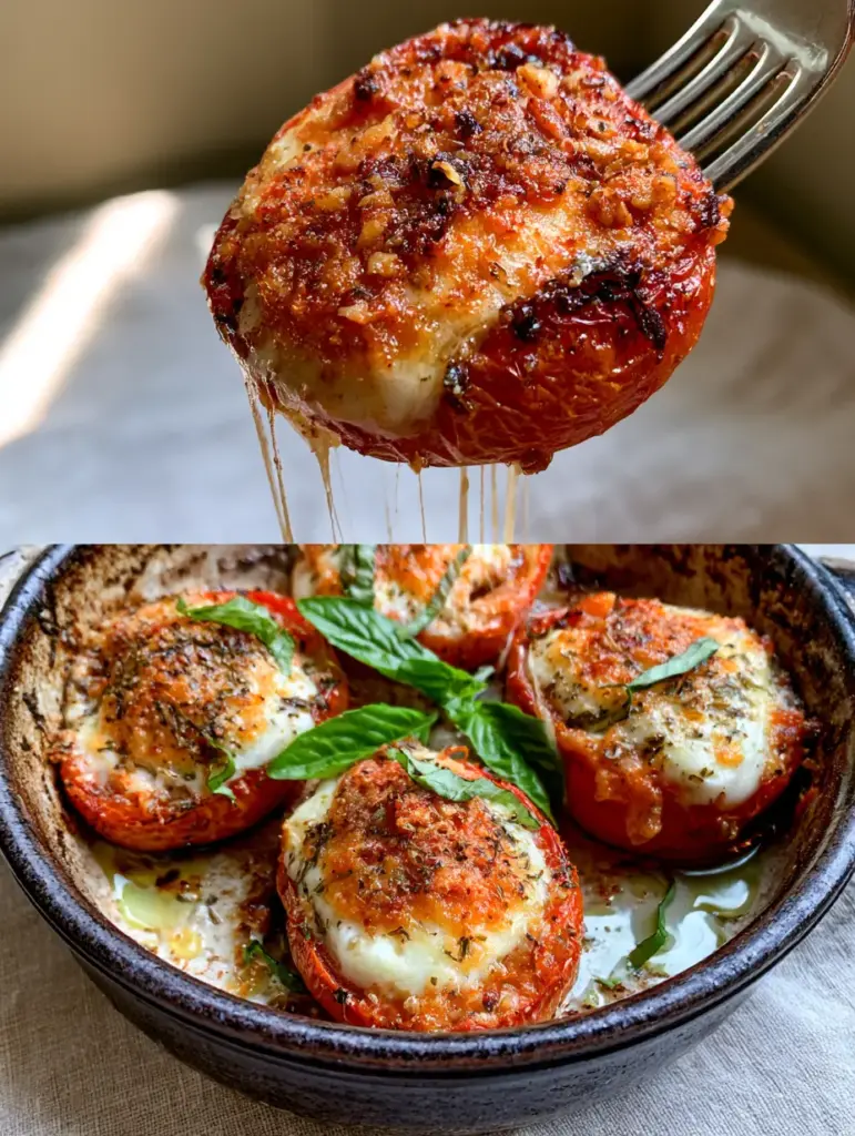 A rustic stoneware dish filled with six blistered Roma tomatoes topped with bubbling cheese and fresh basil.