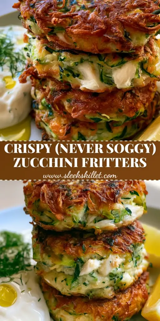 Chicken Zucchini Fritters: Extra Crispy and Golden-Brown 3 A tall stack of crispy chicken zucchini fritters showing golden brown edges and green zucchini shreds, served with a side of white garlic yogurt dip.