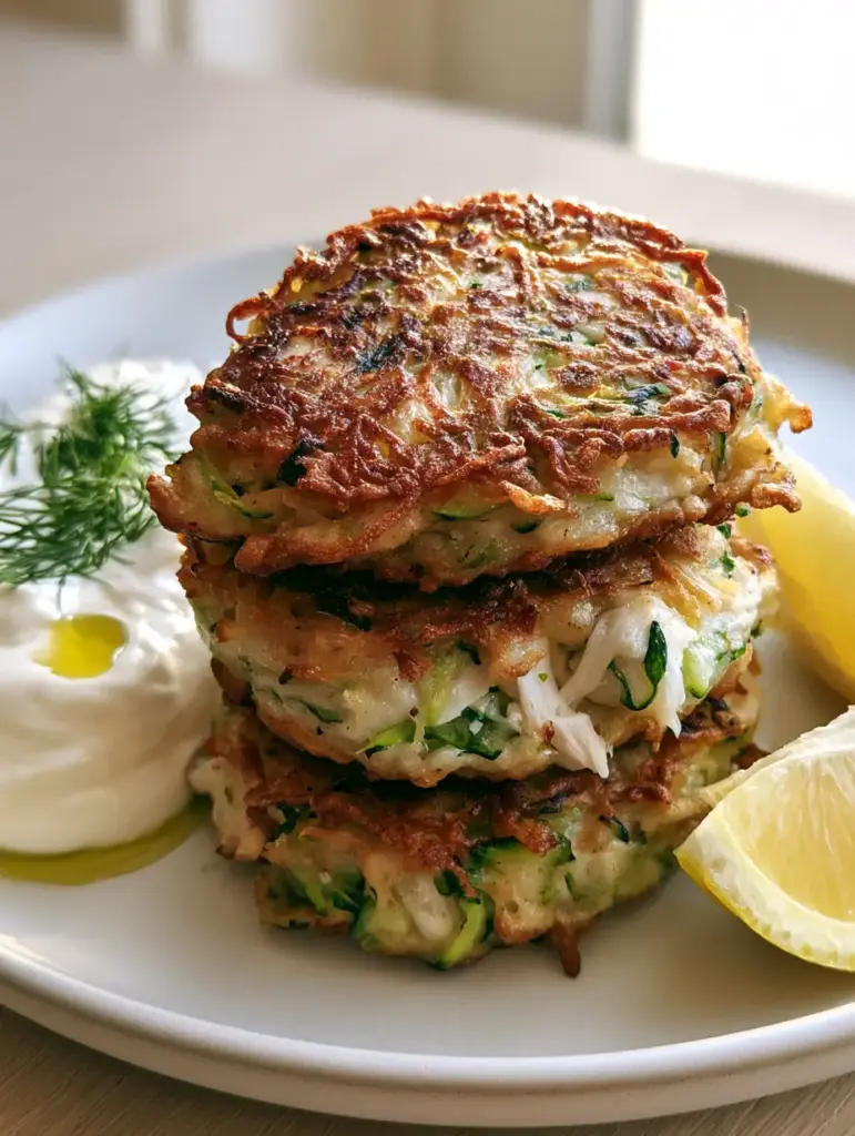 A macro eye-level shot of a stack of three thick, golden-brown chicken zucchini fritters on a modern matte white ceramic plate with fresh dill.