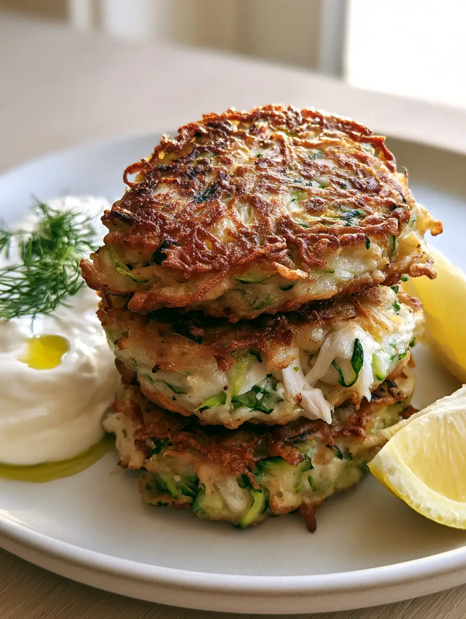 Chicken Zucchini Fritters: Extra Crispy and Golden-Brown 4 A macro eye-level shot of a stack of three thick, golden-brown chicken zucchini fritters on a modern matte white ceramic plate with fresh dill.