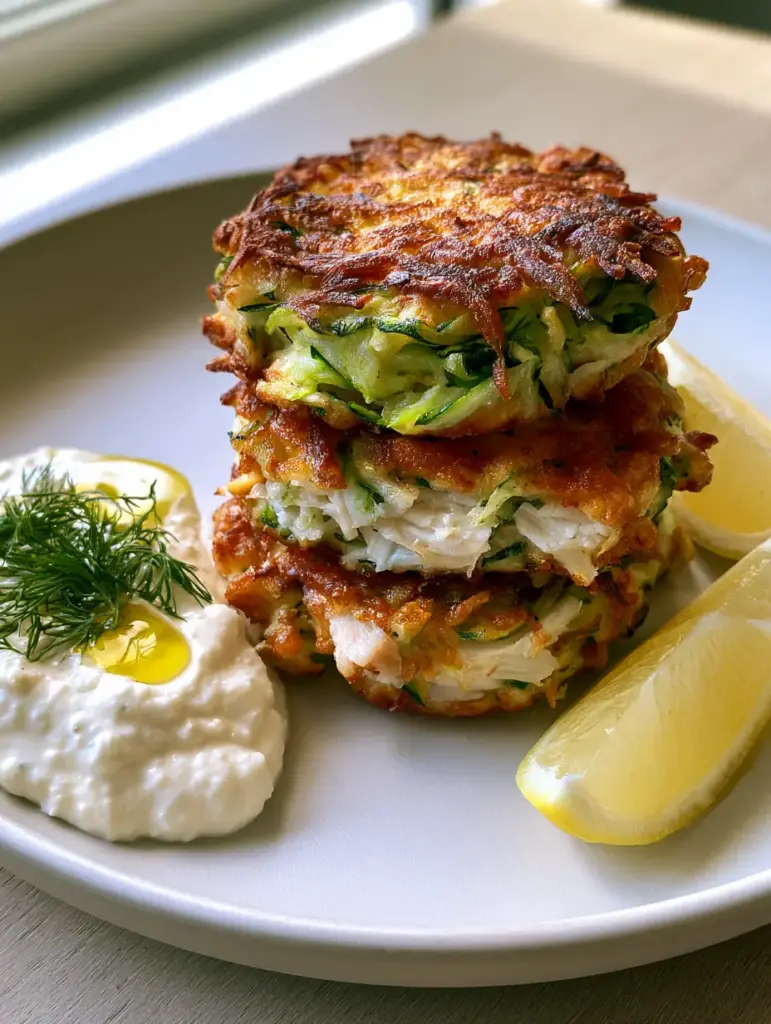 Chicken Zucchini Fritters: Extra Crispy and Golden-Brown 1 Thick chicken zucchini fritters showing visible shreds of green zucchini and white chicken flakes embedded in a crispy batter.