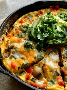 Top-down view of a steaming Southwest Breakfast Frittata with vibrant peppers and melted cheese. (Southwest Breakfast Frittata)