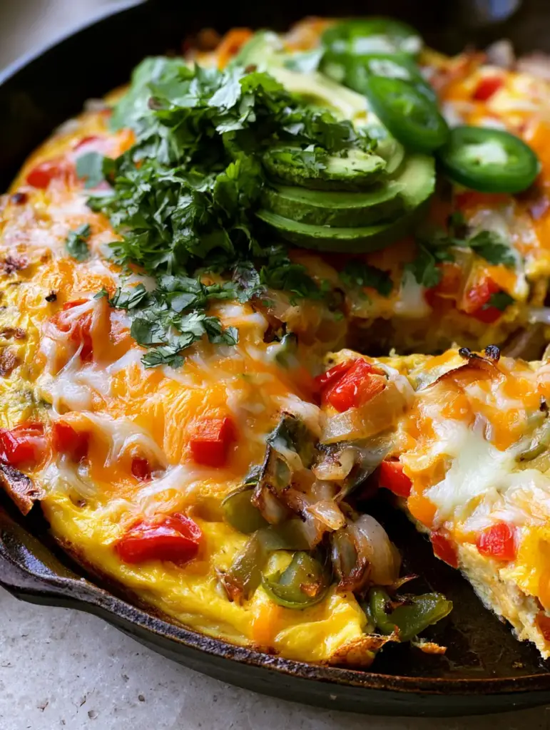 A slice of Southwest Breakfast Frittata being lifted from a black skillet showing steam and cheese.