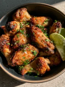 Overhead view of a heap of golden-brown Cilantro Lime Chicken Wings in a modern matte black bowl.