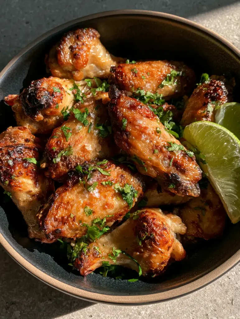 Overhead view of a heap of golden-brown Cilantro Lime Chicken Wings in a modern matte black bowl.