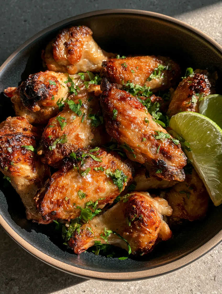 Cilantro Lime Chicken Wings: The Ultimate Crispy Air Fryer Recipe 4 Overhead view of a heap of golden-brown Cilantro Lime Chicken Wings in a modern matte black bowl.