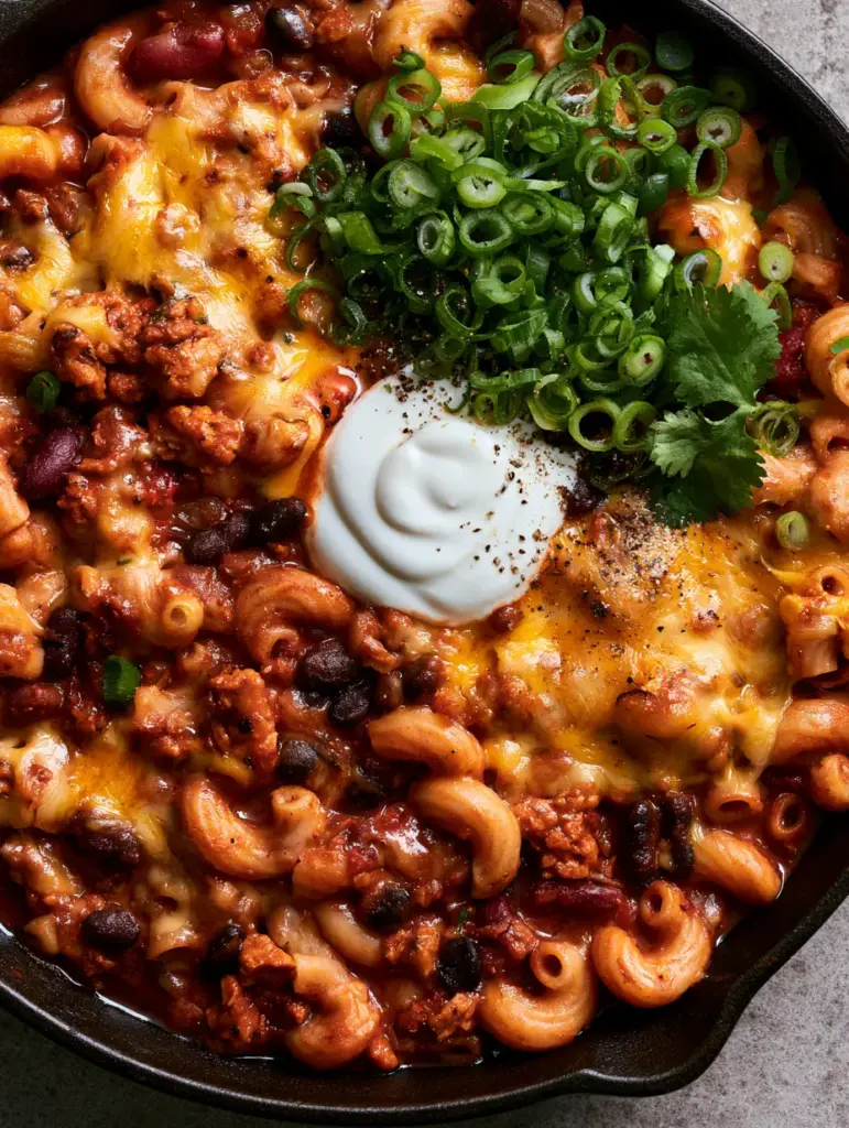 Close-up of bubbling melted yellow cheddar cheese with golden brown spots on top of Vegetarian Chili Mac.