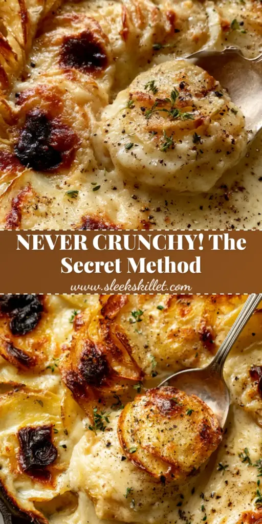 A rustic black cast iron skillet filled with potatoes au gratin in a tight spiral arrangement with a bubbling cheese sauce and fresh thyme garnish.