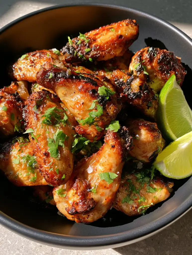Cilantro Lime Chicken Wings: The Ultimate Crispy Air Fryer Recipe 1 Close up of charred wing tips and glossy lime glaze on Cilantro Lime Chicken Wings.
