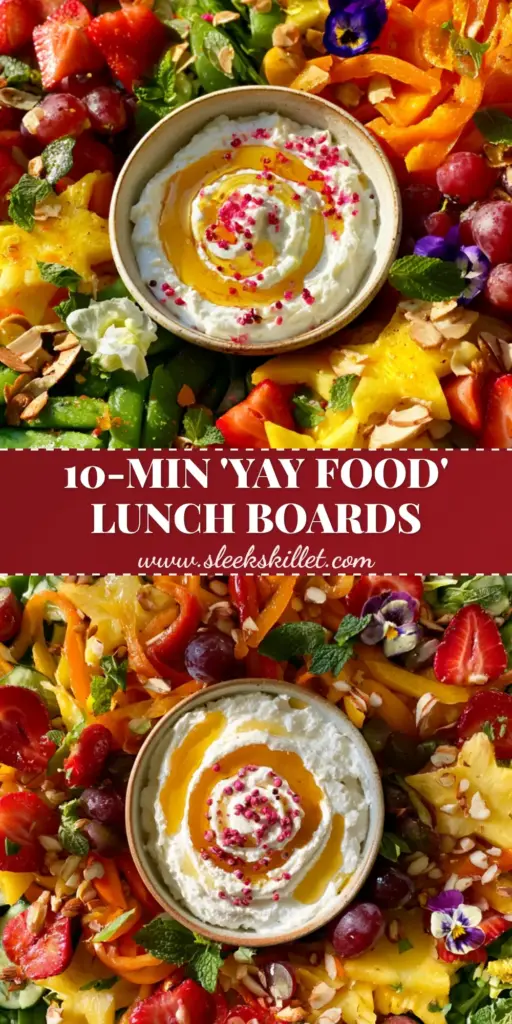 An overhead view of a vibrant Yay Food snack board featuring strawberry hearts, pineapple stars, and a honey-drizzled whipped feta dip on white marble.