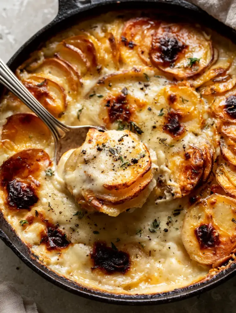 Close-up of golden-brown crispy edges and caramelized cheese on top of potatoes au gratin.