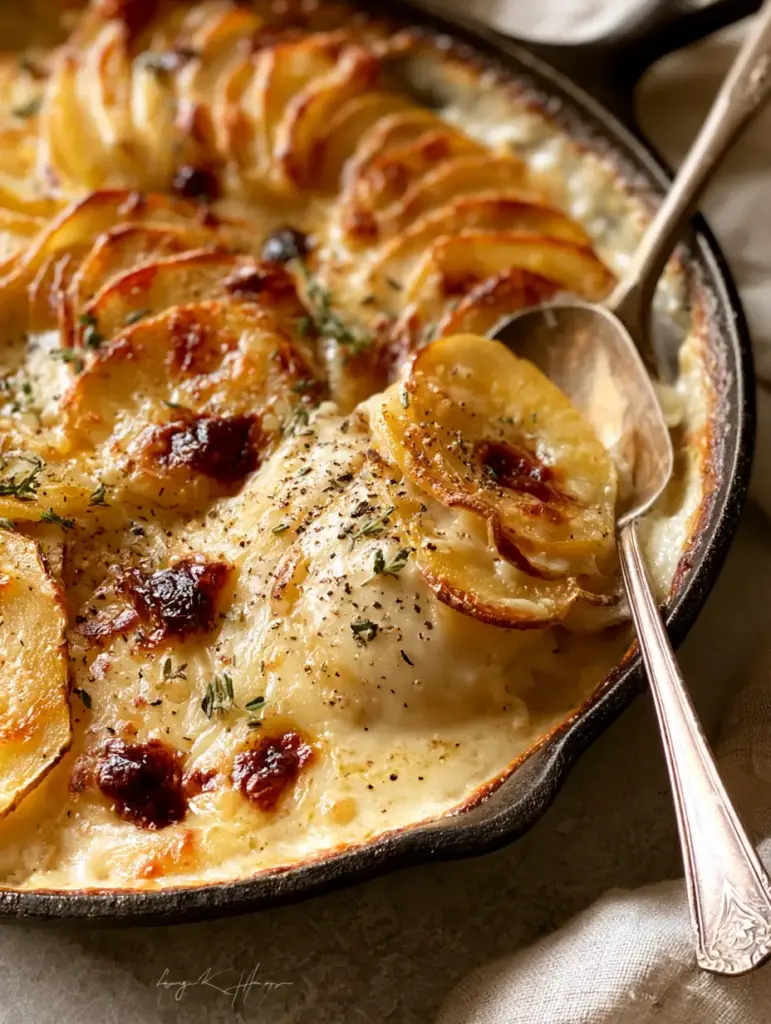 A silver spoon scooping out a serving of velvety, soft potatoes au gratin from a cast iron skillet.